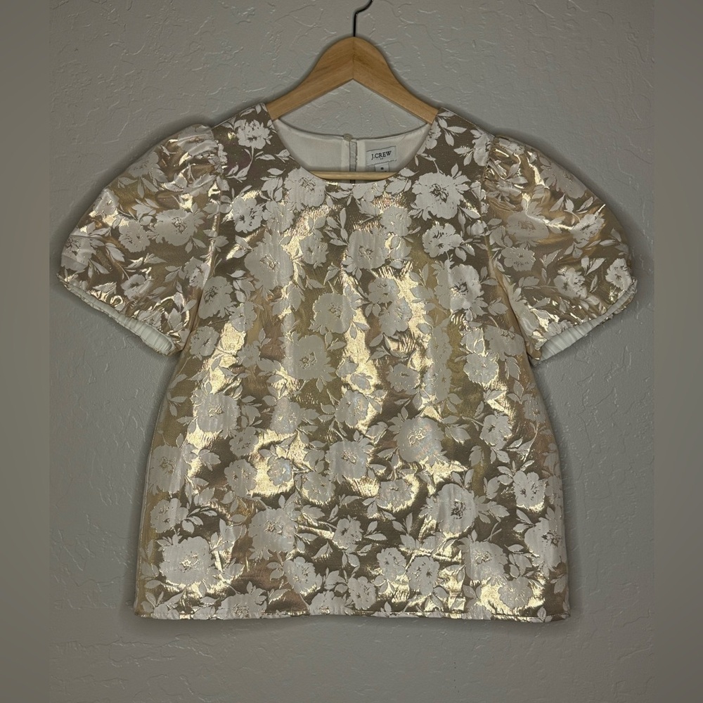 EUC • J.Crew Jacquard puff-sleeve blouse in Gold & White/Ivory Floral Pattern ✨